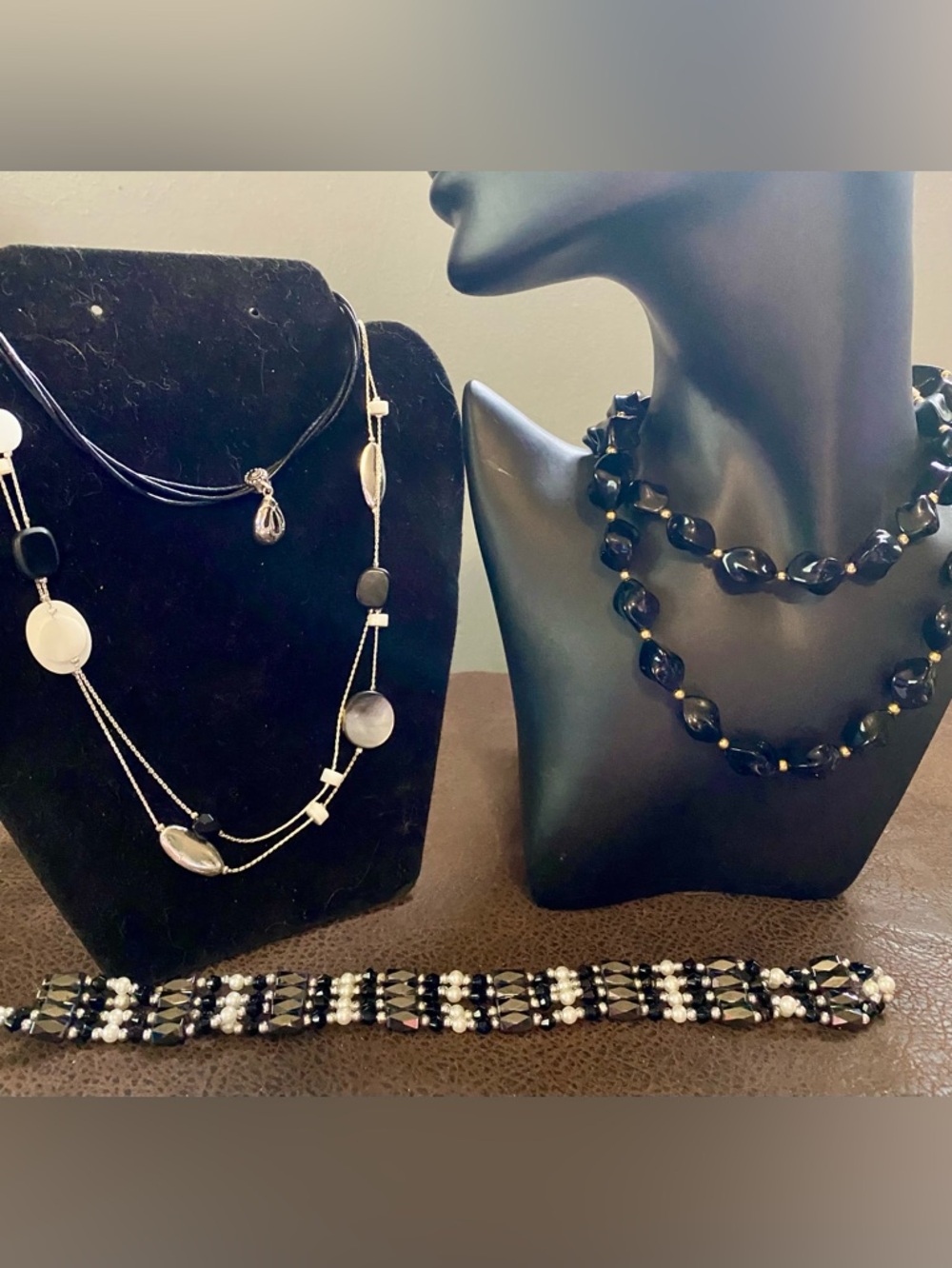 Napier Black Choker, Black beaded necklace, bracelet, long boho, White. Silver